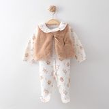 Bebeva Baby Yenidoğan Bebek %100 Pamuklu Peluş Yelekli Bebe Yakalı Çiçek Desenli Patikli Tulum Seti - Ekru/taba - 3 - 6 Ay