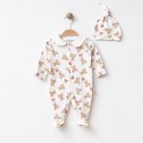 Bebeva Baby Yenidoğan Erkek Bebek %100 Pamuklu Fiyonk Detaylı Ayıcık Desenli Patikli Tulum - Beyaz - 0 - 3 Ay