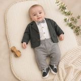 Bebezade Erkek Bebek Gömlek Ceket Pantolon 3 Lü Papyonlu Takım Haki 6-9/9-12/12-18/18-24 Ay - 12 - 18 Ay