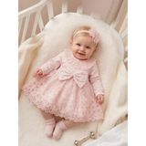 Bebila Baby Kız Bebek Mevlütlük Elbise Bandanalı Dantelli Yeni Doğan Hastane Çıkışı %100 Pamuk Gelinlik Abiye 4030 - Pembe - 6 - 9 Ay