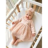 Bebila Baby Kız Bebek Mevlütlük Elbise Bandanalı Dantelli Yenidoğan Hastane Çıkışı Gelinlik Abiye %100 Pamuk Mevlitlik 4036 - Somon - 3 - 6 Ay
