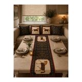 Bebişim Halı Ekose Desenli Vintage At Figürlü Luxury Runner ve 4’lü Kırlent Kılıfı Seti
