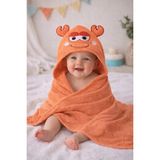 Becalm Online- Crab - Yengeç Nakışlı Müslin %100 Organik Pamuk - Yazlık Deniz ve Havuz Kıyafeti - Bebek Yenidoğan Banyo Kurulama Kundak - Havlu - Kapuşonlu - Panço - Turuncu