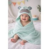 Becalm Online Hippo - Hipopotam Nakışlı Müslin %100 Organik Pamuk - Yazlık Deniz ve Havuz Kıyafeti - Bebek Yenidoğan Banyo Kurulama Kundak - Havlu - Kapuşonlu - Panço - Mint - Yeşil