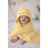 Becalm Online - Kitty - Kedicik Nakışlı Müslin %100 Organik Pamuk - Yazlık Deniz ve Havuz Kıyafeti - Bebek Uniseks Yenidoğan Banyo Kurulama Kundak - Havlu - Kapuşonlu - Panço - Sarı