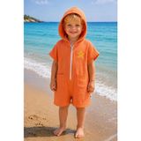 Becalm Online Zip Hoodie - Organik %100 Pamuk Müslin - Nakışlı Bebek Plaj Havuz Deniz Giyim - Cepli Kapuşonlu - Yazlık Deniz ve Havuz Kıyafeti - Bornoz - Havlu - Kurulama - Turuncu - 1 - 3 Yaş