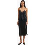 Because Of Alice Satin Lace Detail Midi 90's Stil Flared Kadın Etek - Siyah - XL
