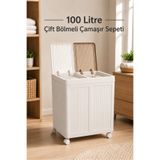Becklume 100 Litre İki Bölmeli Banyo Çamaşır Sepeti - Kirli Sepeti | Çift Hazneli 100 Litre Bej Tekerlekli Kirli Sepeti