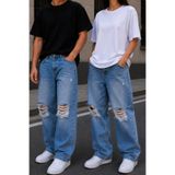 BECRED UNİSEX Açık Mavi Yırtık Detaylı Baggy Jean Pantolon Mavi 28