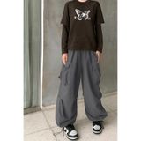 BECRED Unisex Y2k Extra Bol Paça Bel Lastik Ayalanabilir Bel Pantolon Mevsimlik Kaliteli Kumaş Gri M