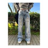 BECRED Y2k Stars Patch Detay Mavi Kar Yıkamalı Pantolon Day Light Star Detail Baggy Panth mavi 30