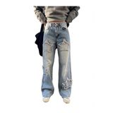 BECRED Y2k Stars Patch Detay Mavi Kar Yıkamalı Pantolon Day Light Star Detail Baggy Panth