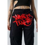 BECRED Y2k Unisex Grunge Baggy Baskılı Lastikli Ayarlanabilir Bel Paça Kar Cep Pantolon Jean Siyah-Kırmızı Baskılı M