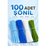 Bee Flower Shop 100 Adet Şönil Tel 30 cm Açık Mavi Koyu Mavi Beyaz Yeşil Tüylü Tel Şönil Çubuk Hobi ve Çiçek Yapımı Malzemesi