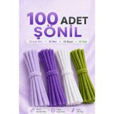Bee Flower Shop 100 Adet Şönil Tel 30 cm Mor Açık Mor Beyaz Yeşil Tüylü Tel Şönil Çubuk Hobi ve Çiçek Yapımı Malzemesi
