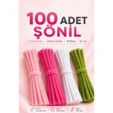 Bee Flower Shop 100 Adet Şönil Tel 30 cm Pembe Beyaz Yeşil Tüylü Hobi Teli El İşi ve DIY Çiçek Yapımı