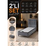Beehanem Bengü Gri Tek Kişilik Kumaş Kaplı Sandıklı Baza Başlık Takımı 2'li Set Depolama Alanlı Dayanıklı - Gri - Krem - 90 x 190 cm