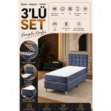 Beehanem Bengü Indigo Tek Kişilik Baza + Yatak + Başlık Seti Geniş Kullanım Alanlı Yatak Seti [3'lü Set] - Lacivert - 90 x 190 cm