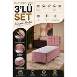 Beehanem Bengü Kahverengi Tek Kişilik Baby Face Kumaş Baza + Yatak + Başlık Seti Şık Döşemeli [3'lü Set] - Pembe - 120 x 200 cm
