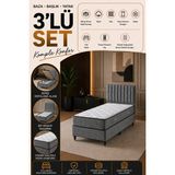 Beehanem Ezgi Keten Gri Tek Kişilik Baza Başlık Yatak Seti Sandıklı Ortopedik Depolama Alanlı Premium 3'lü Set - 120 x 200 cm