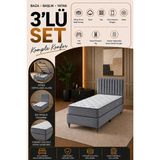 Beehanem Ezgi Tek Kişilik Gri Baza Başlık Yatak Seti Baby Face Sandıklı Depolama Alanlı Ortopedik 3'lü Set - Gri - Krem - 120 x 200 cm