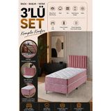 Beehanem Ezgi Tek Kişilik Pembe Baza Başlık Yatak Seti Genç Odası Ortopedik Sandıklı Depolama Alanlı 3'lü Set - 100 x 200 cm