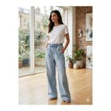 BEES JEANS Angela Kadın Kar Mavi Beli Lastikli Bagcıklı Cepli Bol Paça İnce Kumaş Kot Pantolon(TESETTÜRE UYGUN)