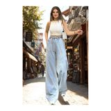 BEES JEANS Kadın Açık Mavi Beli Lastikli Bagcıklı Cepli Bol Paça Palazzo Kot Pantolon - Tesettüre Uygun Kar Mavi-44