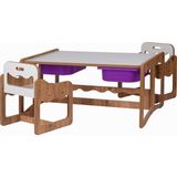 Bees Store Montessori 2 Kişilik Masa Sandalye Takımı, 18MM Ceviz-Beyaz Mdf, Lila Çekmeceli, Çift Kişilik Aktivite Masası - 88 x 63 x 43 cm - Ceviz - Lila
