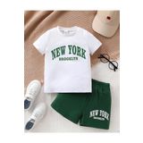 BEETON New York Brooklyn Baskılı Çocuk Beyaz T-Shirt- Yeşil Şort Takım - Çocuk Yazlık Sıfır Yaka