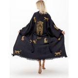 Befera Design Müslin Kimono %100 Pamuklu Leopar Baskılı Desenli Bornoz Kaftan Sabahlık - Siyah - Standart