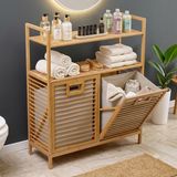 Begin Power Çok Amaçlı Bambu Banyo Dolabı Düzenleyici Raf ve Çift Bölmeli Kirli Çamaşır Sepeti