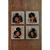 Begoloni Ayçiçeği Kadınları Temalı Doğal Taş Bardak Altlığı - Stone Coasters - 10 x 10 x 1 cm