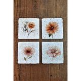 Begoloni Çizgi Çiçek Temalı Doğal Taş Bardak Altlığı - Stone Coasters - 10 x 10 x 1 cm
