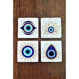 Begoloni Doğal Taş Bardak Altlığı 4'lü Set 10X10X1 cm Nazar Boncuğu Desenli Bardak Altlığı 354 - 10 x 10 x 1 cm