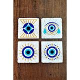 Begoloni Doğal Taş Bardak Altlığı 4'lü Set 10X10X1 cm Nazar Boncuğu Desenli - Evileye Stone Coasters 352 - 10 x 10 x 1 cm
