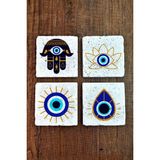 Begoloni Doğal Taş Bardak Altlığı 4'lü Set 10X10X1 cm Nazar Boncuğu Desenli - Evileye Stone Coasters 353 - 10 x 10 x 1 cm