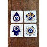 Begoloni Doğal Taş Bardak Altlığı 4'lü Set 10X10X1 cm Nazar Boncuğu Desenli - Evileye Stone Coasters 355 - 10 x 10 x 1 cm