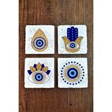 Begoloni Doğal Taş Bardak Altlığı 4'lü Set 10X10X1 cm Nazar Boncuğu Desenli - Evileye Stone Coasters 356