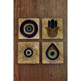 Begoloni Doğal Taş Bardak Altlığı 4'lü Set 10X10X1 cm Nazar Boncuğu Desenli Stone Coasters - 10 x 10 x 1 cm