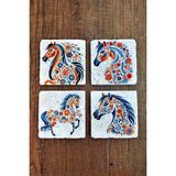 Begoloni Doğal Taş Bardak Altlığı 4'lü Set 10X10X1 cm Renkli At Baskılı -Stone Coasters - 10 x 10 x 1 cm