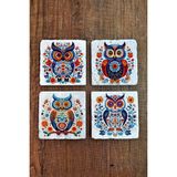 Begoloni Doğal Taş Bardak Altlığı 4'lü Set 10X10X1 cm Renkli Baykuş Desenler -Stone Coasters - 10 x 10 x 1 cm