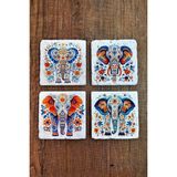 Begoloni Doğal Taş Bardak Altlığı 4'lü Set 10X10X1 cm Renkli Fil Baskılı -Stone Coasters - 10 x 10 x 1 cm