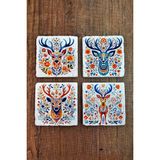 Begoloni Doğal Taş Bardak Altlığı 4'lü Set 10X10X1 cm Renkli Geyik Desen Baskılı-Stone Coasters - 10 x 10 x 1 cm