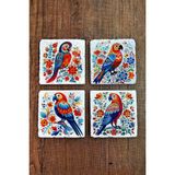 Begoloni Doğal Taş Bardak Altlığı 4'lü Set 10X10X1 cm Renkli Papağan Desenleri -Stone Coasters - 10 x 10 x 1 cm
