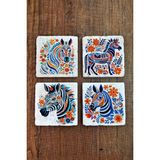Begoloni Doğal Taş Bardak Altlığı 4'lü Set 10X10X1 cm Renkli Zebra Baskılı -Stone Coasters - 10 x 10 x 1 cm