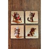 Begoloni Doğal Taş Bardak Altlığı 4'lü Set 10X10X1 cm Sevimli Kedi Desenleri -Stone Coasters - 10 x 10 x 1 cm