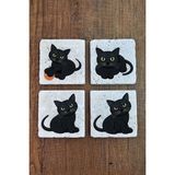 Begoloni Doğal Taş Bardak Altlığı 4'lü Set 10X10X1 cm Sinirli Kedi Desenleri -Stone Coasters - 10 x 10 x 1 cm