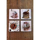 Begoloni Doğal Taş Bardak Altlığı 4'lü Set - 10X10X1CM Kahve Temalı Uv Baskı Stone Coasters - 10 x 10 x 1 cm