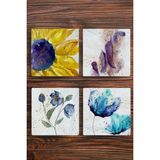 Begoloni Doğal Taş Bardak Altlığı 4'lü Set - Çiçek Baskılı - 10 x 10 x 1 cm